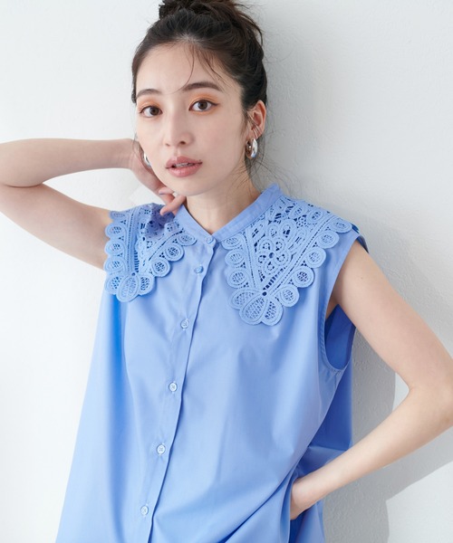 衿レースフレンチスリーブブラウス（シャツ/ブラウス）｜natural