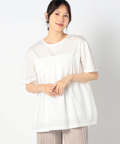 Grand PARK(グランドパーク)の「異素材ドッキング 半袖プルオーバー(シャツ/ブラウス・レディース・オフホワイト/ブラック/ブルー・FREE)」の1枚目の写真