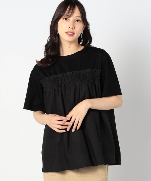 Grand PARK(グランドパーク)の「異素材ドッキング 半袖プルオーバー(シャツ/ブラウス・レディース・オフホワイト/ブラック/ブルー・FREE)」の2枚目の写真