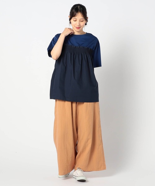 Grand PARK(グランドパーク)の「異素材ドッキング 半袖プルオーバー(シャツ/ブラウス・レディース・オフホワイト/ブラック/ブルー・FREE)」の4枚目の写真