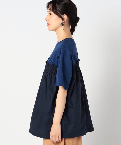 Grand PARK(グランドパーク)の「異素材ドッキング 半袖プルオーバー(シャツ/ブラウス・レディース・オフホワイト/ブラック/ブルー・FREE)」の6枚目の写真