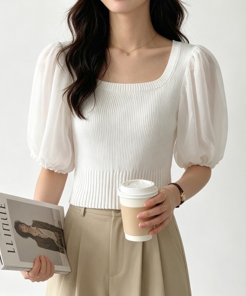Miniministore(ミニミニストア)の「異素材切替ニットトップス シャツブラウス(シャツ/ブラウス・レディース・ブラック/ホワイト/オレンジ/イエロー・FREE)」の2枚目の写真