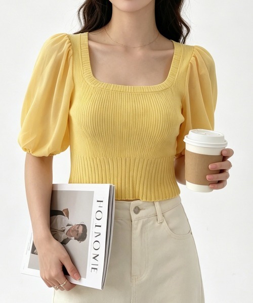 Miniministore(ミニミニストア)の「異素材切替ニットトップス シャツブラウス(シャツ/ブラウス・レディース・ブラック/ホワイト/オレンジ/イエロー・FREE)」の3枚目の写真
