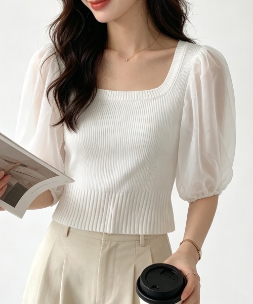 Miniministore(ミニミニストア)の「異素材切替ニットトップス シャツブラウス(シャツ/ブラウス・レディース・ブラック/ホワイト/オレンジ/イエロー・FREE)」の9枚目の写真