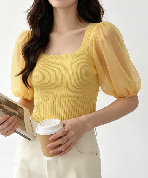 Miniministore(ミニミニストア)の「異素材切替ニットトップス シャツブラウス(シャツ/ブラウス・レディース・ブラック/ホワイト/オレンジ/イエロー・FREE)」の11枚目の写真