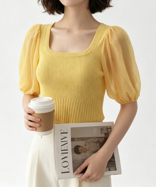 Miniministore(ミニミニストア)の「異素材切替ニットトップス シャツブラウス(シャツ/ブラウス・レディース・ブラック/ホワイト/オレンジ/イエロー・FREE)」の12枚目の写真