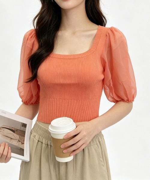 Miniministore(ミニミニストア)の「異素材切替ニットトップス シャツブラウス(シャツ/ブラウス・レディース・ブラック/ホワイト/オレンジ/イエロー・FREE)」の15枚目の写真