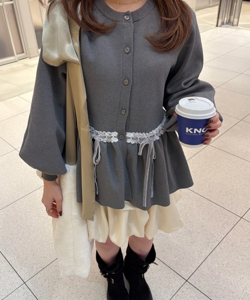 idem リボンペプラムカーディガン グレー velours ribbon peplum cardigan / リボンペプラムカーディガン