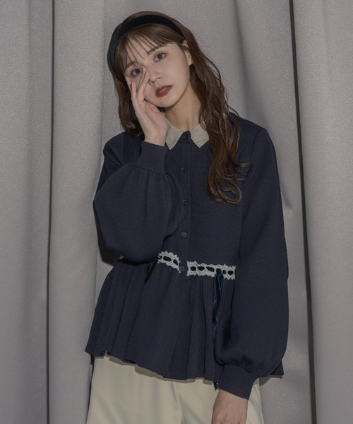 idem（イデム）の「velours ribbon peplum cardigan / リボンペプラム