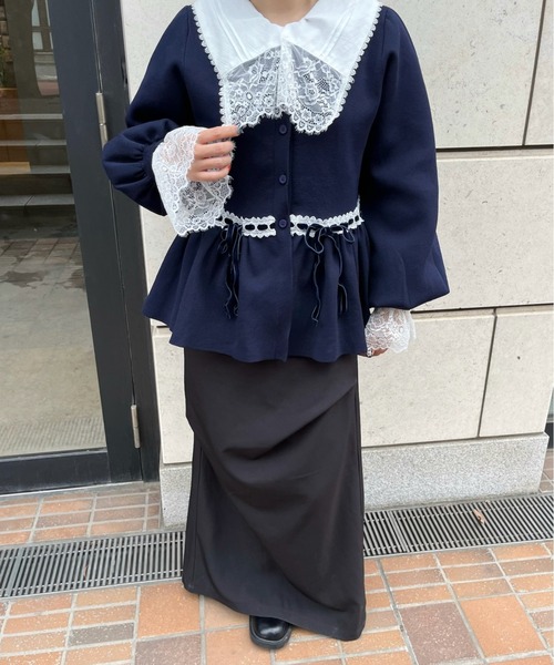 idem（イデム）の「velours ribbon peplum cardigan / リボンペプラム