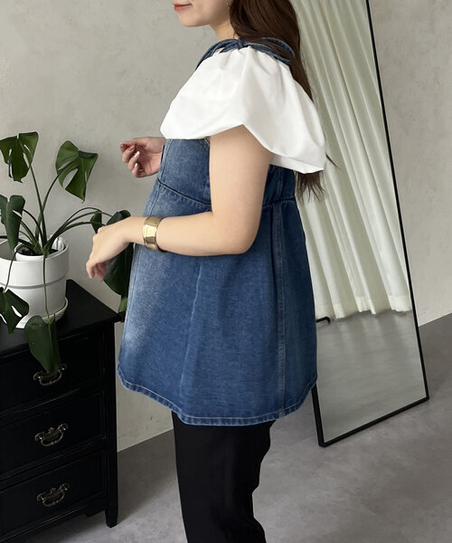 prose verse（プロズヴェール）の「肩リボンフロントボタンデニムペプラムビスチェ（キャミソール・レディース・ブルー・MEDIUM/LARGE）」の4枚目の写真