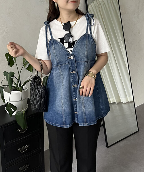 prose verse（プロズヴェール）の「肩リボンフロントボタンデニムペプラムビスチェ（キャミソール・レディース・ブルー・MEDIUM/LARGE）」の21枚目の写真