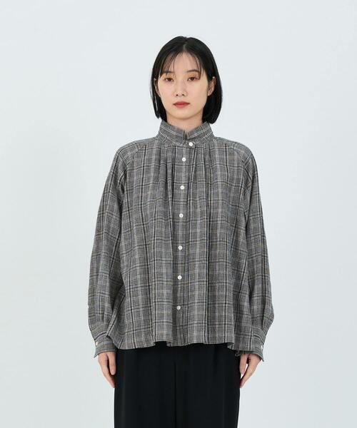 美品 LOISIR ロワズィール コットンリネン チェックバンドカラー