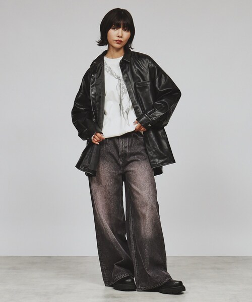 シンセティックレザー調シャツジャケット（シャツ/ブラウス）｜tk