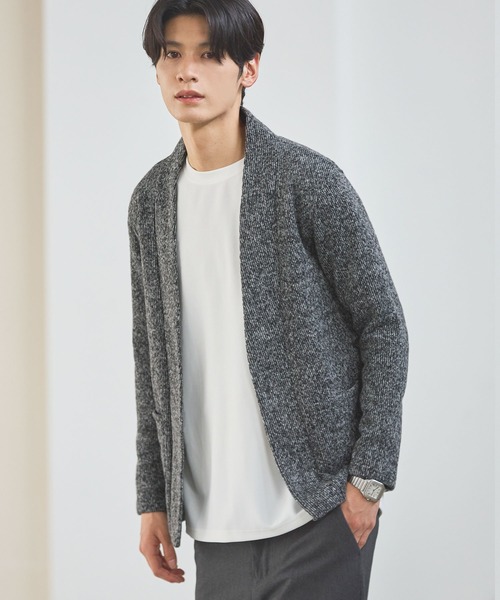 ノーカラーメランジニットソー2ポケットボタンレス長袖カーディガン