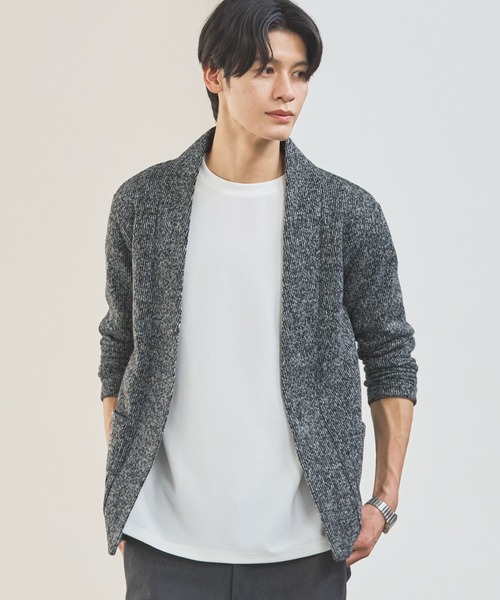 ノーカラーメランジニットソー2ポケットボタンレス長袖カーディガン