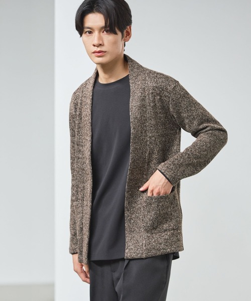 ノーカラーメランジニットソー2ポケットボタンレス長袖カーディガン
