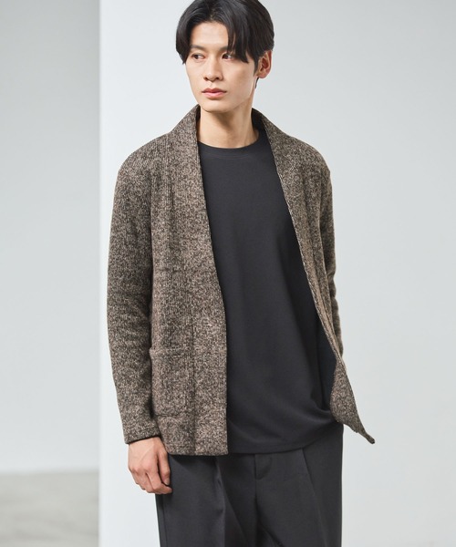 ノーカラーメランジニットソー2ポケットボタンレス長袖カーディガン