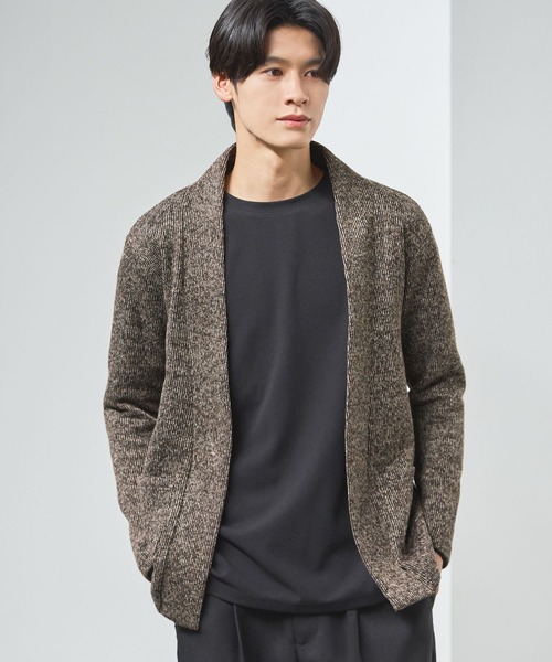 ノーカラーメランジニットソー2ポケットボタンレス長袖カーディガン