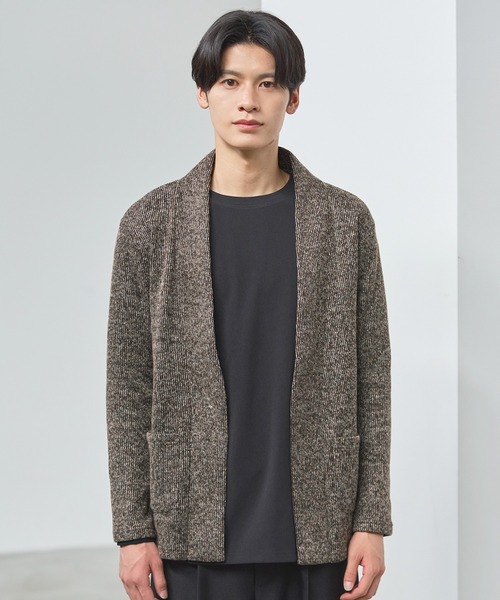 ノーカラーメランジニットソー2ポケットボタンレス長袖カーディガン