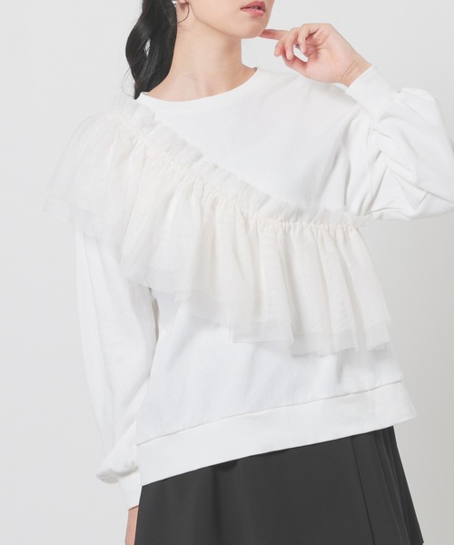 Honeys(ハニーズ)の「フリル付ゆるトップス(Tシャツ/カットソー・レディース・スミクロ/ホワイト/杢グレー・S/M/L/LL)」の7枚目の写真