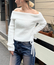 サテンリボンレースアップオフショルラメニット