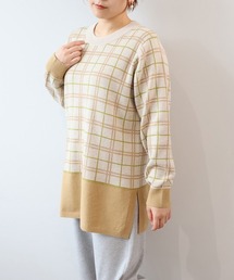 【L~6L 大きいサイズ】【抗ピル】チェック切替 ニット チュニック