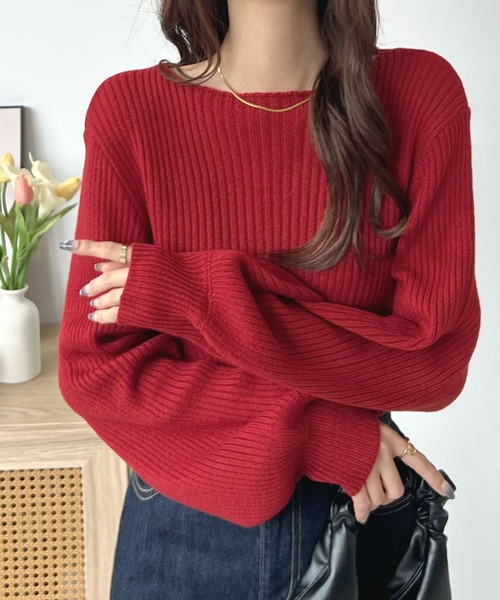 Futier land（フューティアランド）の「1枚主役モテかわ映え。ボートネックバルーン袖ニットプルオーバー（ニット/セーター・レディース・アイボリー/レッド/グリーン/杢グレー/グレイッシュベージュ/ブラック・FREE/LARGE/X-LARGE）」の6枚目の写真