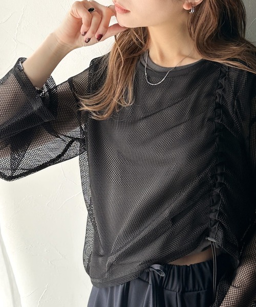 Java(ジャバ)の「《JaVa ジャバコラボ》【セットアイテム】シャーリング メッシュ トップス(長袖)&ノースリーブTシャツ(Tシャツ/カットソー・レディース・アイボリー/チャコール/ブラック・MEDIUM/LARGE/SMALL/X-LARGE)」の4枚目の写真