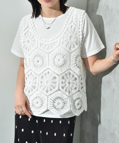 actuel(アクチュエル)の「【actuel】クロシェベスト+TシャツSET(その他トップス・レディース・アイボリー/ホワイト・FREE/LARGE)」の1枚目の写真