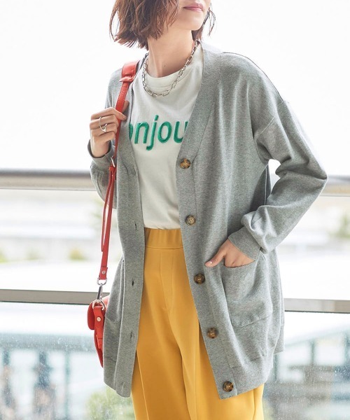 SMILE LAND（スマイルランド）の「＜大きいサイズ＞綿混Ｖネックロング丈ゆるニットカーディガン（毛玉防止・ハンガー干し可能）（カーディガン/ボレロ・レディース・ピンク系/レッド系/ロイヤルブルー/杢グレー/ミント/ブラック/オフホワイト・LL/3L/4L/5L/L）」の3枚目の写真