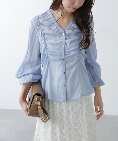 FREE'S MART(フリーズマート)の「◇Vネックシャーリングブラウス(シャツ/ブラウス・レディース・ホワイト/ネイビー/ピンク/ブルー・FREE)」の3枚目の写真