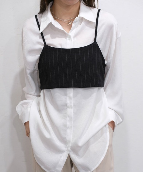 Reurie'（レウリィ）の「ピンストライプリボンビスチェ／pinstripe ribbon bustier レイヤード 重ね着 キャミソール シンプル きれいめ 上品 モード 大人カジュアル モノトーン（キャミソール・レディース・チャコールグレー/ブラック・FREE）」の2枚目の写真