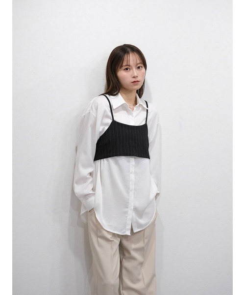 Reurie'（レウリィ）の「ピンストライプリボンビスチェ／pinstripe ribbon bustier レイヤード 重ね着 キャミソール シンプル きれいめ 上品 モード 大人カジュアル モノトーン（キャミソール・レディース・チャコールグレー/ブラック・FREE）」の3枚目の写真