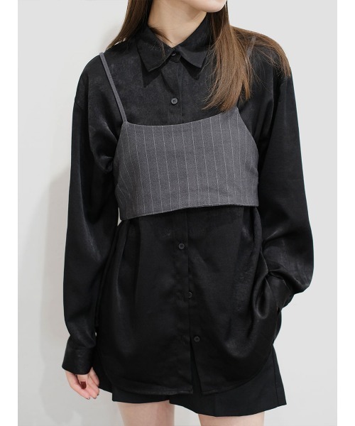 Reurie'（レウリィ）の「ピンストライプリボンビスチェ／pinstripe ribbon bustier レイヤード 重ね着 キャミソール シンプル きれいめ 上品 モード 大人カジュアル モノトーン（キャミソール・レディース・チャコールグレー/ブラック・FREE）」の6枚目の写真