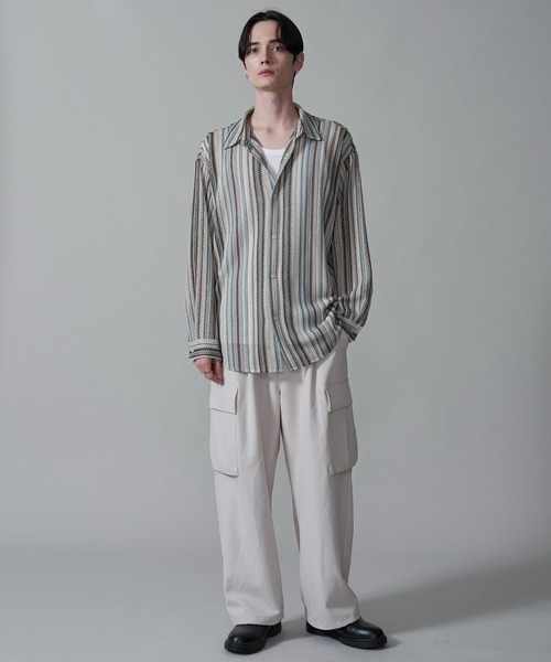 BROWNY（ブラウニー）の「BROWNY/ストライプメッシュBIGロングスリーブシャツ（シャツ/ブラウス・メンズ・チャコール/グレー/オフホワイト・MEDIUM/LARGE）」の4枚目の写真