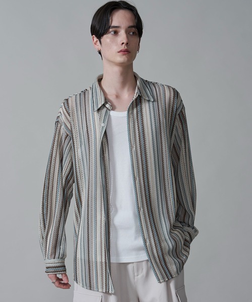 BROWNY（ブラウニー）の「BROWNY/ストライプメッシュBIGロングスリーブシャツ（シャツ/ブラウス・メンズ・チャコール/グレー/オフホワイト・MEDIUM/LARGE）」の12枚目の写真