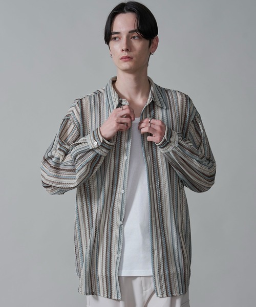 BROWNY（ブラウニー）の「BROWNY/ストライプメッシュBIGロングスリーブシャツ（シャツ/ブラウス・メンズ・チャコール/グレー/オフホワイト・MEDIUM/LARGE）」の13枚目の写真