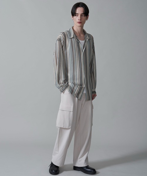 BROWNY（ブラウニー）の「BROWNY/ストライプメッシュBIGロングスリーブシャツ（シャツ/ブラウス・メンズ・チャコール/グレー/オフホワイト・MEDIUM/LARGE）」の14枚目の写真