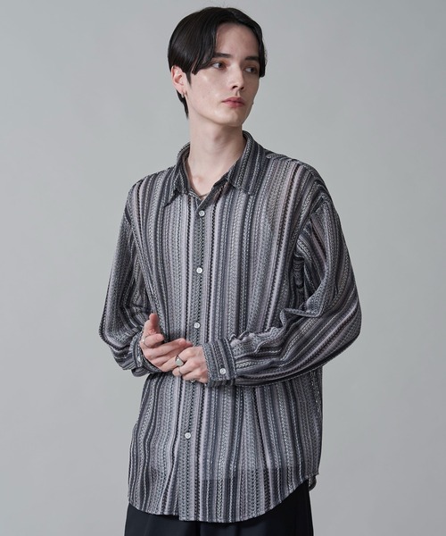 BROWNY（ブラウニー）の「BROWNY/ストライプメッシュBIGロングスリーブシャツ（シャツ/ブラウス・メンズ・チャコール/グレー/オフホワイト・MEDIUM/LARGE）」の15枚目の写真