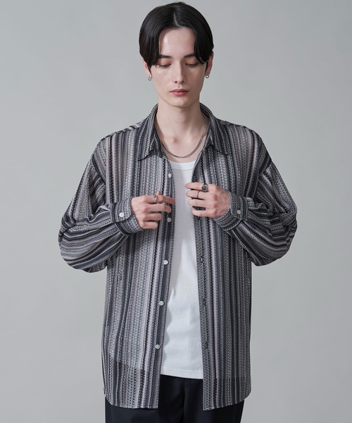 BROWNY（ブラウニー）の「BROWNY/ストライプメッシュBIGロングスリーブシャツ（シャツ/ブラウス・メンズ・チャコール/グレー/オフホワイト・MEDIUM/LARGE）」の16枚目の写真