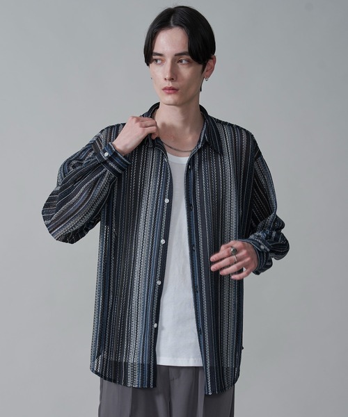 BROWNY（ブラウニー）の「BROWNY/ストライプメッシュBIGロングスリーブシャツ（シャツ/ブラウス・メンズ・チャコール/グレー/オフホワイト・MEDIUM/LARGE）」の21枚目の写真