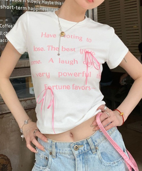 SPIGA（スピーガ）の「ﾛｺﾞﾌﾟﾘﾝﾄﾘﾎﾞﾝﾁｬｰﾑ半袖ﾁﾋﾞTｼｬﾂ（Tシャツ/カットソー・レディース・ブラック/ホワイト・SMALL/MEDIUM/LARGE）」の2枚目の写真