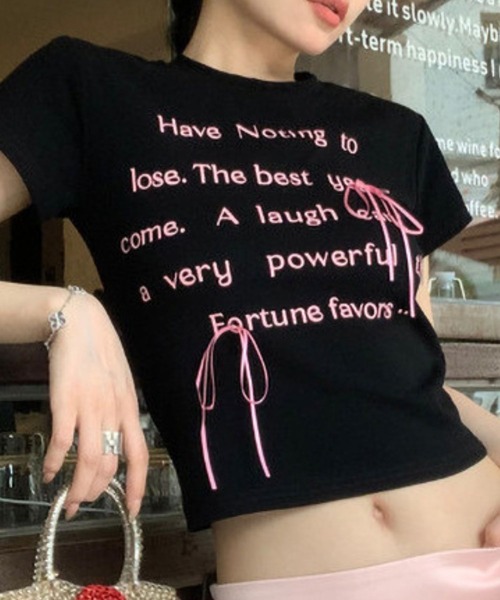 SPIGA（スピーガ）の「ﾛｺﾞﾌﾟﾘﾝﾄﾘﾎﾞﾝﾁｬｰﾑ半袖ﾁﾋﾞTｼｬﾂ（Tシャツ/カットソー・レディース・ブラック/ホワイト・SMALL/MEDIUM/LARGE）」の3枚目の写真