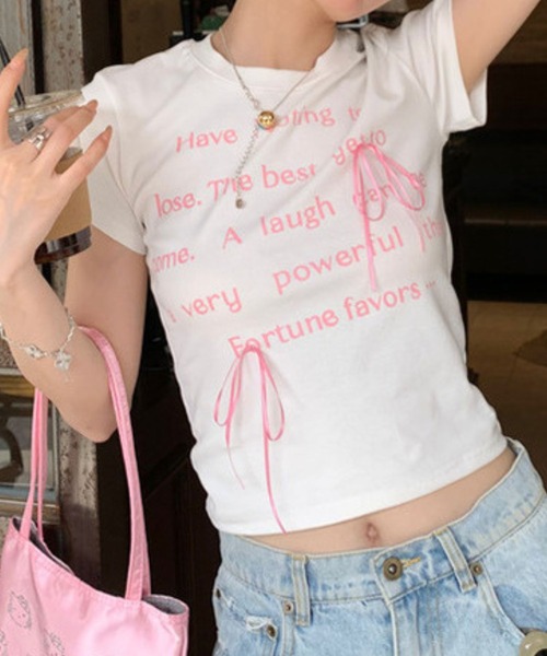 SPIGA（スピーガ）の「ﾛｺﾞﾌﾟﾘﾝﾄﾘﾎﾞﾝﾁｬｰﾑ半袖ﾁﾋﾞTｼｬﾂ（Tシャツ/カットソー・レディース・ブラック/ホワイト・SMALL/MEDIUM/LARGE）」の7枚目の写真