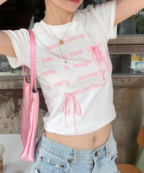 SPIGA（スピーガ）の「ﾛｺﾞﾌﾟﾘﾝﾄﾘﾎﾞﾝﾁｬｰﾑ半袖ﾁﾋﾞTｼｬﾂ（Tシャツ/カットソー・レディース・ブラック/ホワイト・SMALL/MEDIUM/LARGE）」の8枚目の写真