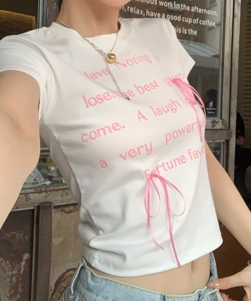 SPIGA（スピーガ）の「ﾛｺﾞﾌﾟﾘﾝﾄﾘﾎﾞﾝﾁｬｰﾑ半袖ﾁﾋﾞTｼｬﾂ（Tシャツ/カットソー・レディース・ブラック/ホワイト・SMALL/MEDIUM/LARGE）」の10枚目の写真