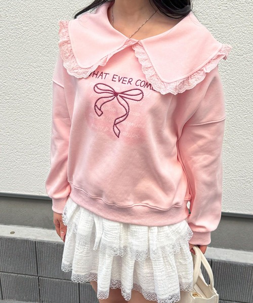 frunco(フランコ)の「【ZOZO限定】襟付きリボン刺繍トレーナー(スウェット・レディース・ホワイト/ピンク/グリーン/ブルー・MEDIUM)」の5枚目の写真