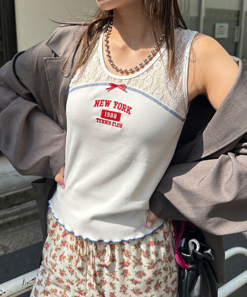 CIAOPANIC（チャオパニック）の「レース切替刺繍ロゴタンクトップ（キャミソール・レディース・ブラック/ホワイト/ボルドー・ONE SIZE）」の5枚目の写真