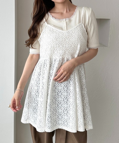 新品タグ付き♡ミストレアス♡バレエコアぺプラムキャミソール♡オフホワイト apres jour clair】アソートレースキャミチュニック【ZOZOTOWN